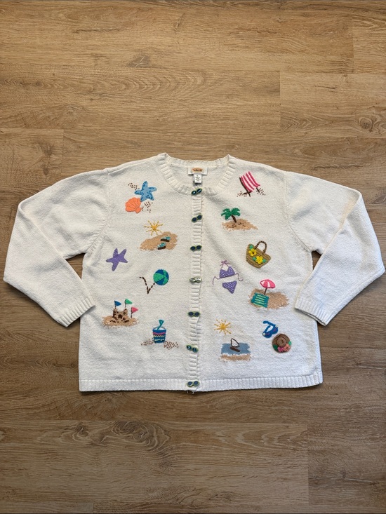 Talbots Sweaters - Vintage Talbots White Embroidered Beach-Themed Cardigan